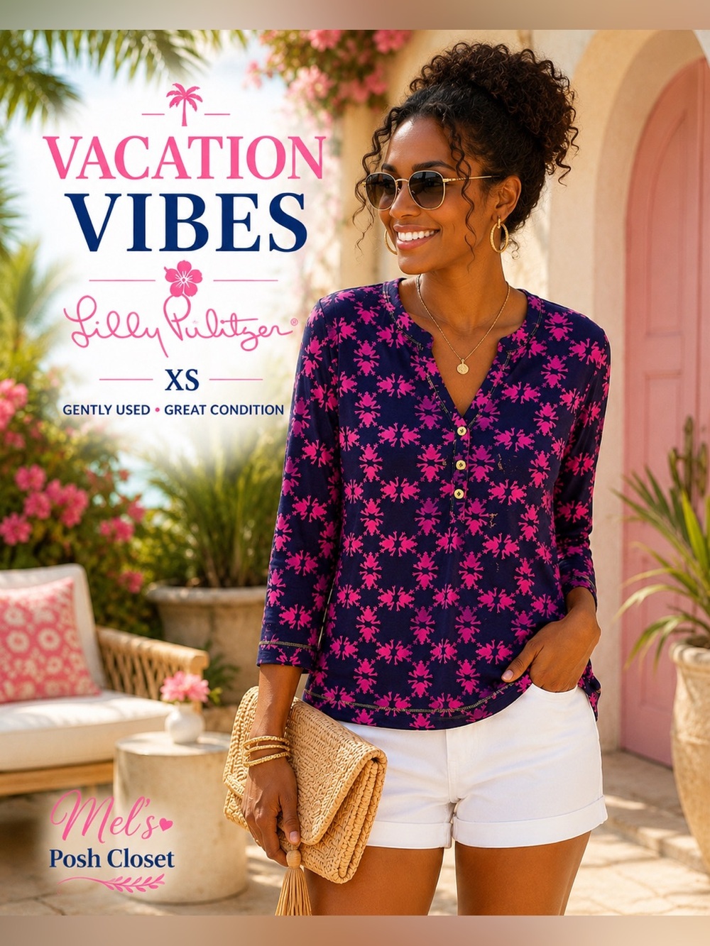 Lilly Pulitzer Navy with Hot Pink Palm-Print Henley Top